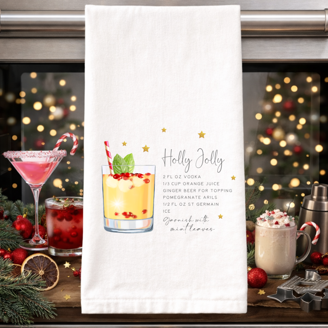 Christmas Bar Towels with Cocktail Recipes – Holiday Kitchen Decor
