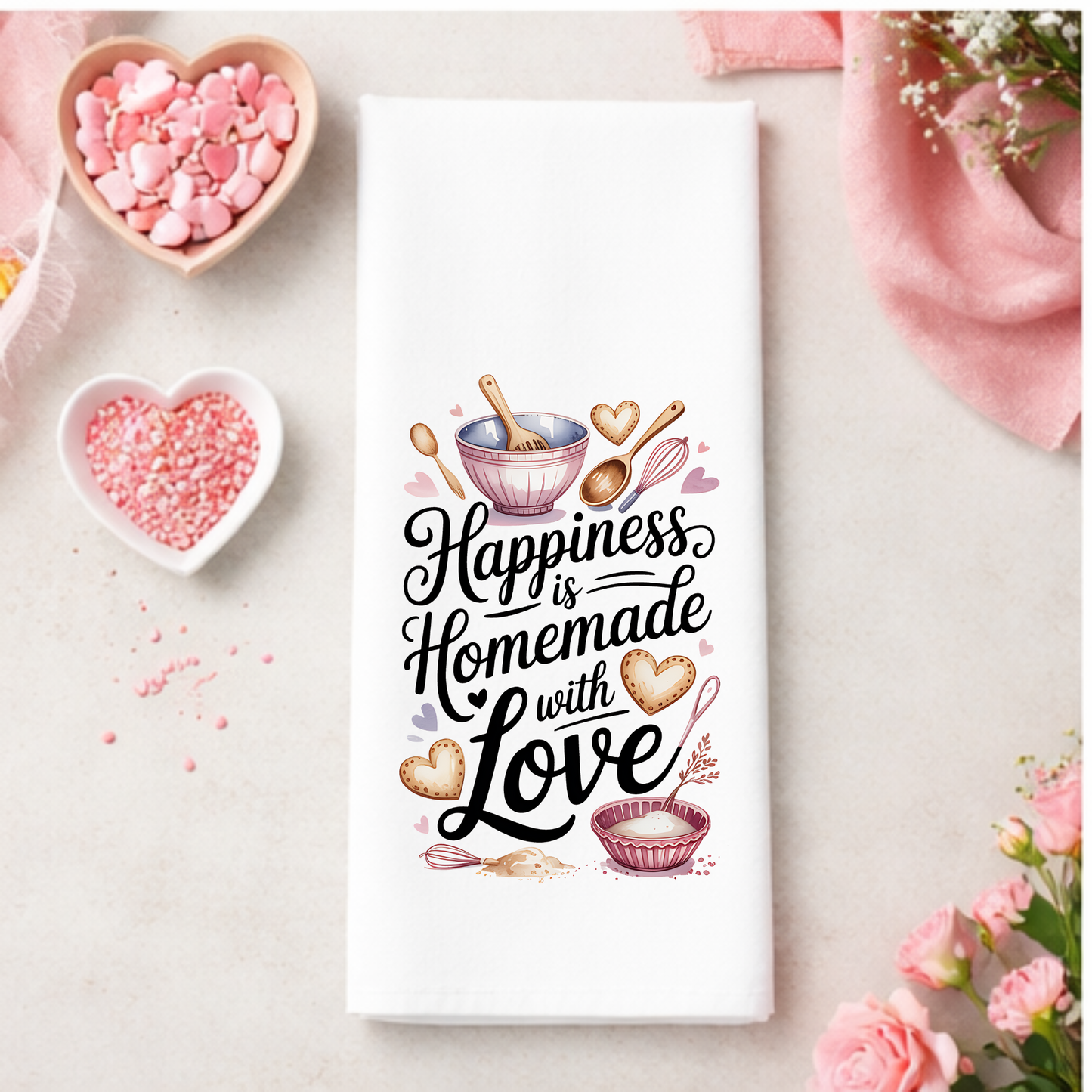 Valentine’s Day Kitchen Tea Towel – Baking & Love Collection | White Folded Tea Towel
