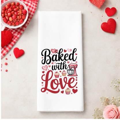 Valentine’s Day Kitchen Tea Towel – Baking & Love Collection | White Folded Tea Towel