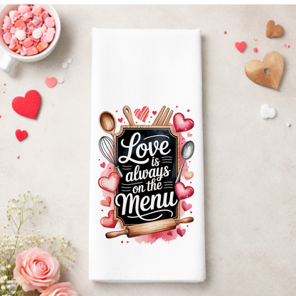 Valentine’s Day Kitchen Tea Towel – Baking & Love Collection | White Folded Tea Towel